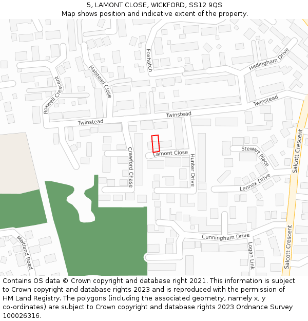 5, LAMONT CLOSE, WICKFORD, SS12 9QS: Location map and indicative extent of plot
