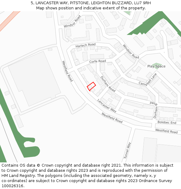 5, LANCASTER WAY, PITSTONE, LEIGHTON BUZZARD, LU7 9RH: Location map and indicative extent of plot