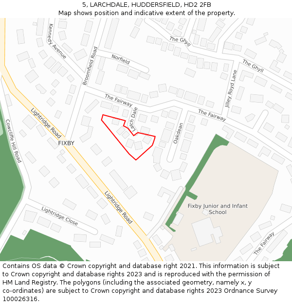 5, LARCHDALE, HUDDERSFIELD, HD2 2FB: Location map and indicative extent of plot