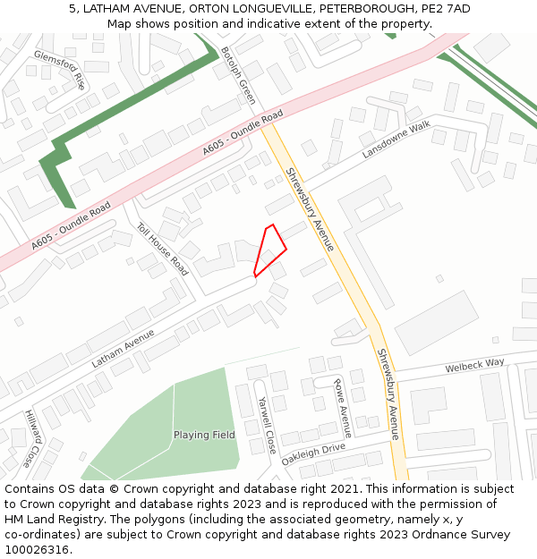5, LATHAM AVENUE, ORTON LONGUEVILLE, PETERBOROUGH, PE2 7AD: Location map and indicative extent of plot