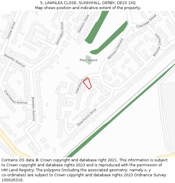 5, LAWNLEA CLOSE, SUNNYHILL, DERBY, DE23 1XQ: Location map and indicative extent of plot