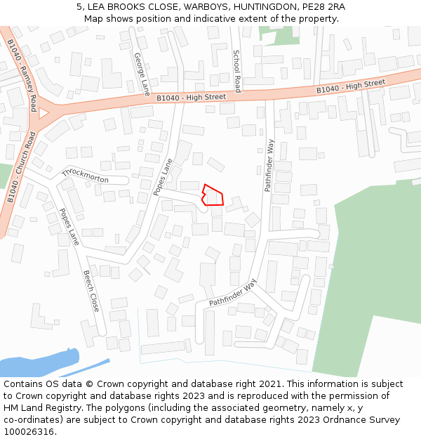 5, LEA BROOKS CLOSE, WARBOYS, HUNTINGDON, PE28 2RA: Location map and indicative extent of plot