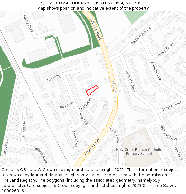 5, LEAF CLOSE, HUCKNALL, NOTTINGHAM, NG15 8DU: Location map and indicative extent of plot
