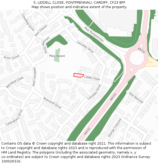 5, LIDDELL CLOSE, PONTPRENNAU, CARDIFF, CF23 8PF: Location map and indicative extent of plot
