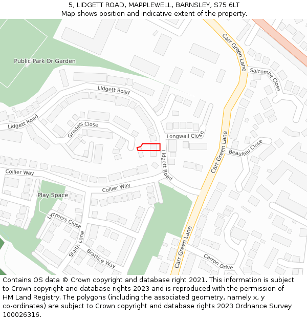 5, LIDGETT ROAD, MAPPLEWELL, BARNSLEY, S75 6LT: Location map and indicative extent of plot