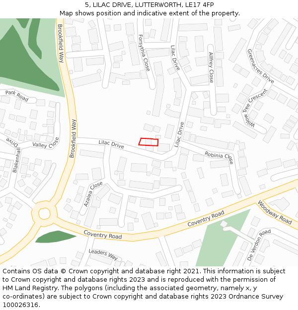 5, LILAC DRIVE, LUTTERWORTH, LE17 4FP: Location map and indicative extent of plot