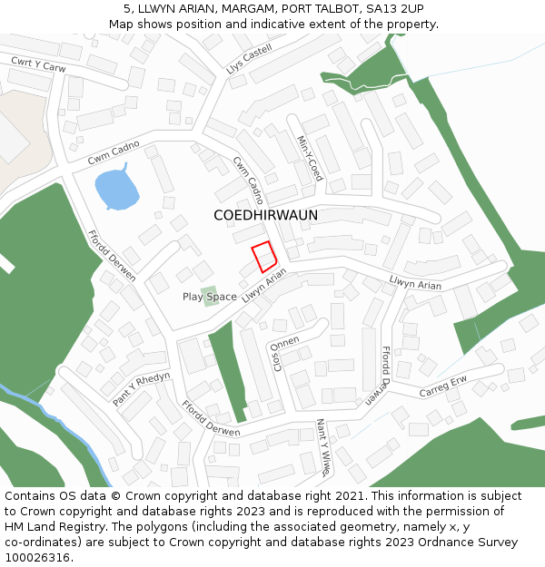 5, LLWYN ARIAN, MARGAM, PORT TALBOT, SA13 2UP: Location map and indicative extent of plot
