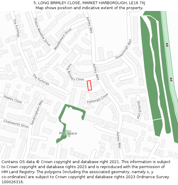 5, LONG BRIMLEY CLOSE, MARKET HARBOROUGH, LE16 7XJ: Location map and indicative extent of plot