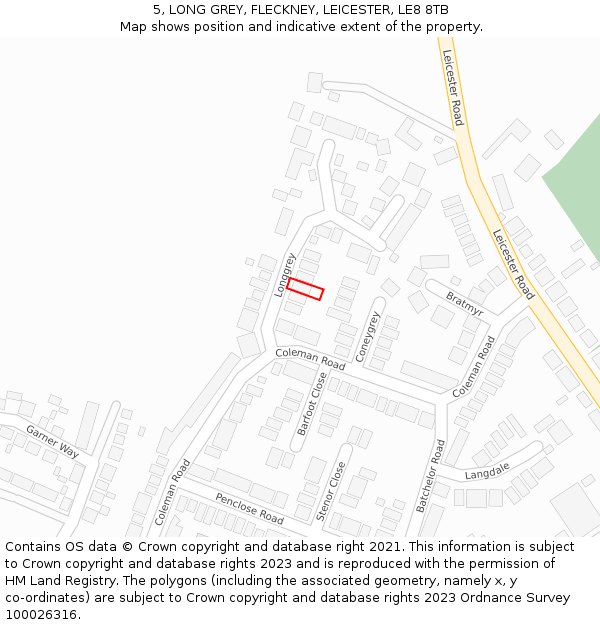 5, LONG GREY, FLECKNEY, LEICESTER, LE8 8TB: Location map and indicative extent of plot