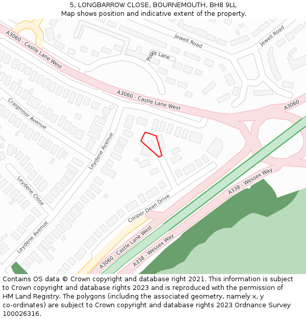 5, LONGBARROW CLOSE, BOURNEMOUTH, BH8 9LL: Location map and indicative extent of plot