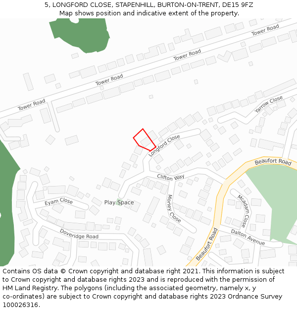 5, LONGFORD CLOSE, STAPENHILL, BURTON-ON-TRENT, DE15 9FZ: Location map and indicative extent of plot