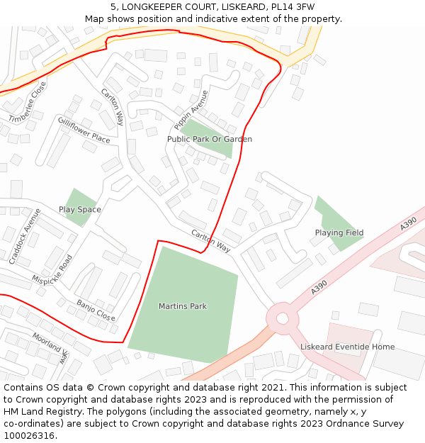 5, LONGKEEPER COURT, LISKEARD, PL14 3FW: Location map and indicative extent of plot