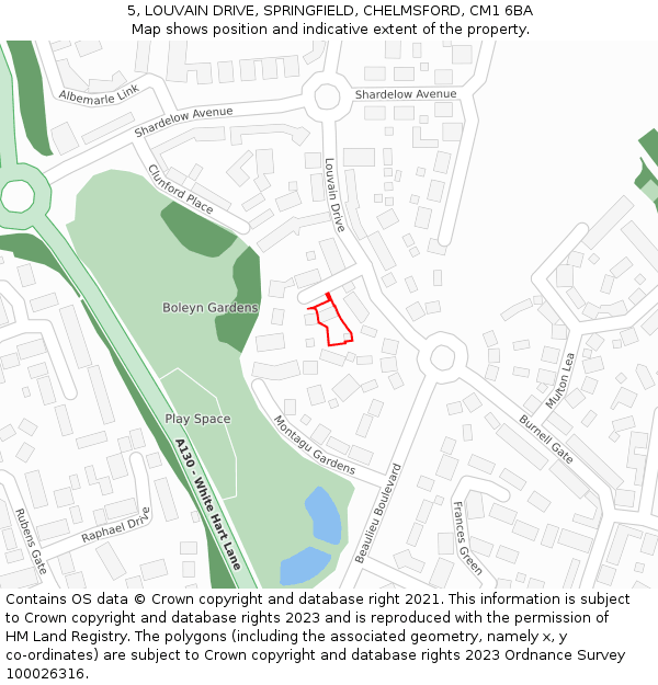5, LOUVAIN DRIVE, SPRINGFIELD, CHELMSFORD, CM1 6BA: Location map and indicative extent of plot