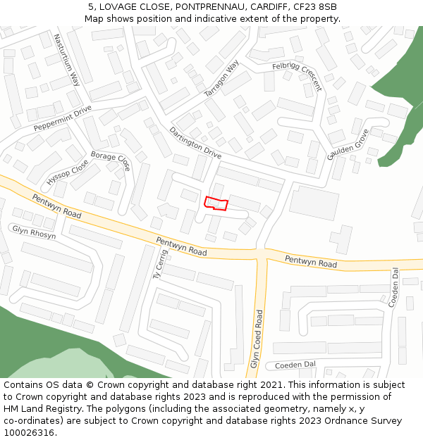 5, LOVAGE CLOSE, PONTPRENNAU, CARDIFF, CF23 8SB: Location map and indicative extent of plot