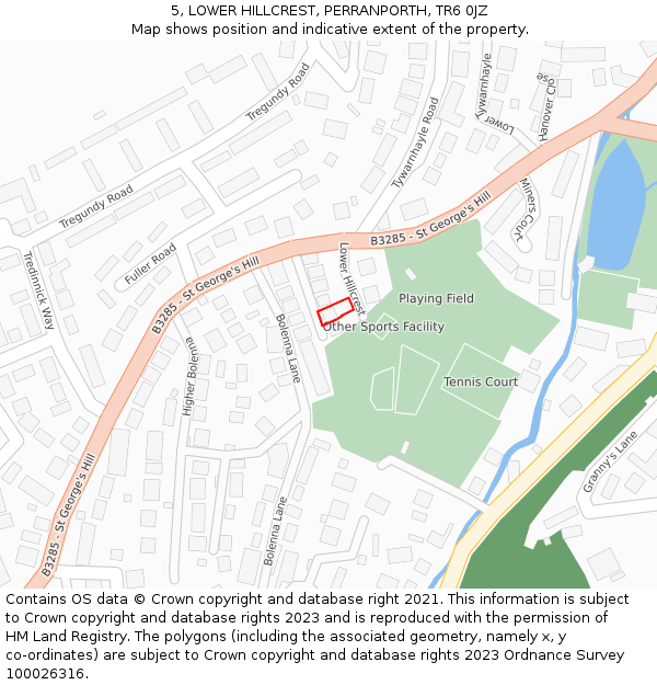 5, LOWER HILLCREST, PERRANPORTH, TR6 0JZ: Location map and indicative extent of plot