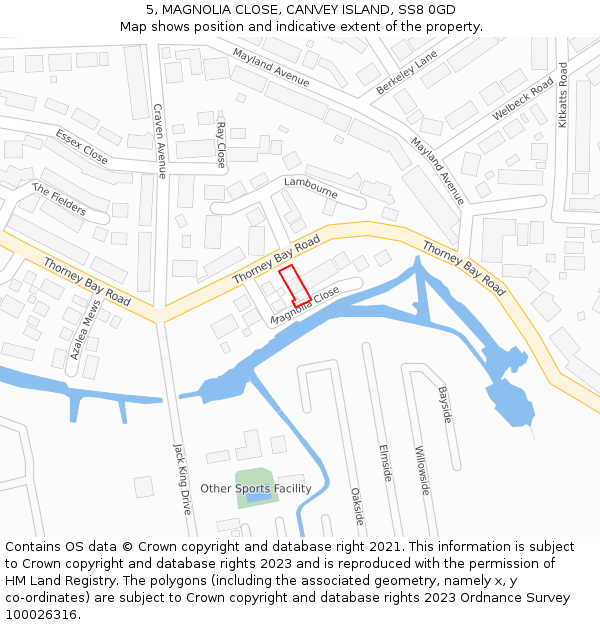 5, MAGNOLIA CLOSE, CANVEY ISLAND, SS8 0GD: Location map and indicative extent of plot