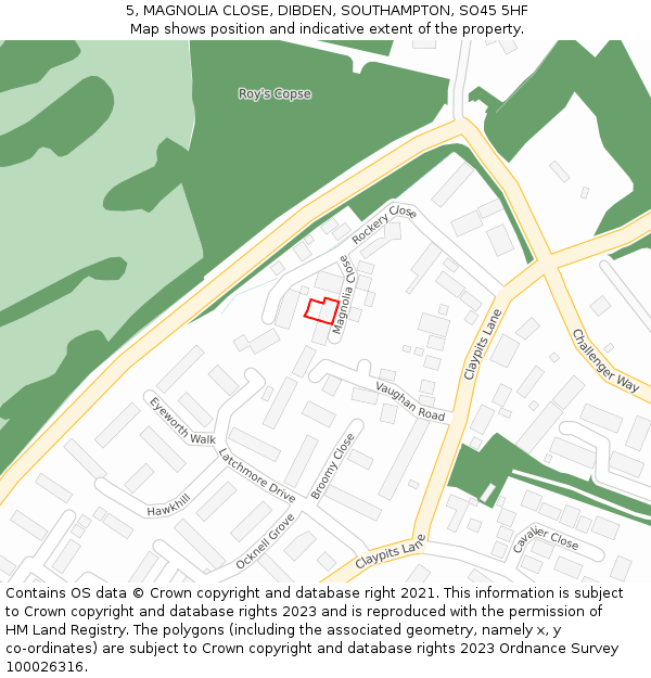 5, MAGNOLIA CLOSE, DIBDEN, SOUTHAMPTON, SO45 5HF: Location map and indicative extent of plot