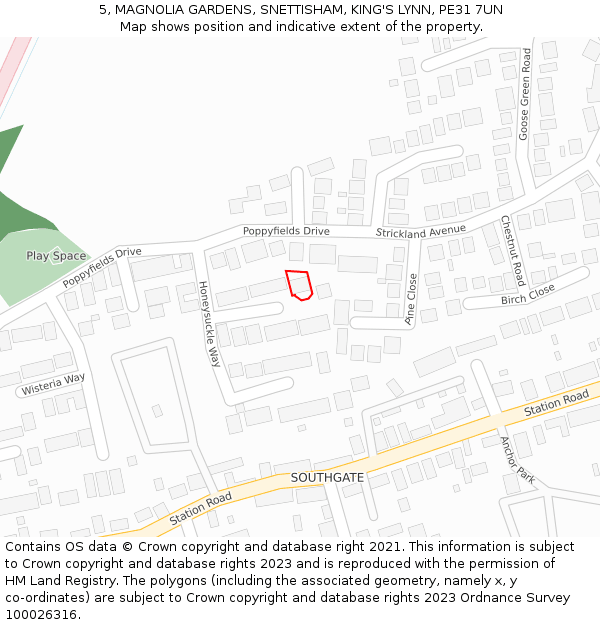 5, MAGNOLIA GARDENS, SNETTISHAM, KING'S LYNN, PE31 7UN: Location map and indicative extent of plot