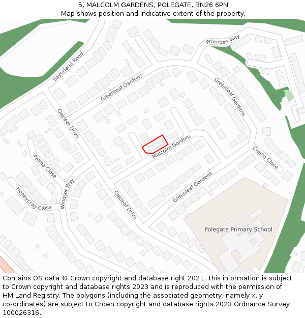 5, MALCOLM GARDENS, POLEGATE, BN26 6PN: Location map and indicative extent of plot