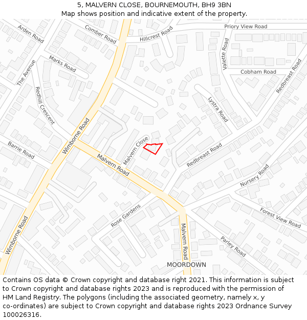 5, MALVERN CLOSE, BOURNEMOUTH, BH9 3BN: Location map and indicative extent of plot