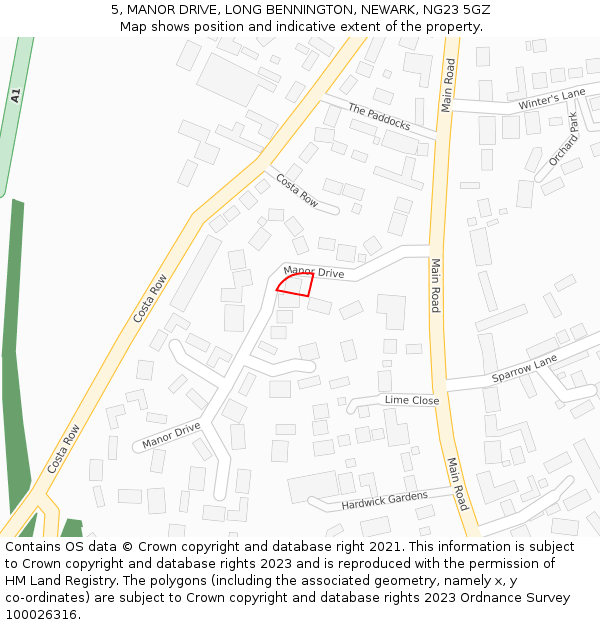 5, MANOR DRIVE, LONG BENNINGTON, NEWARK, NG23 5GZ: Location map and indicative extent of plot