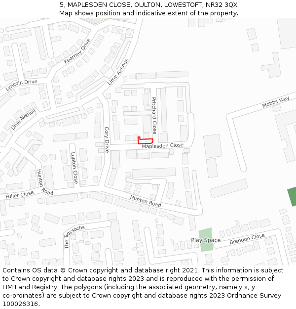 5, MAPLESDEN CLOSE, OULTON, LOWESTOFT, NR32 3QX: Location map and indicative extent of plot