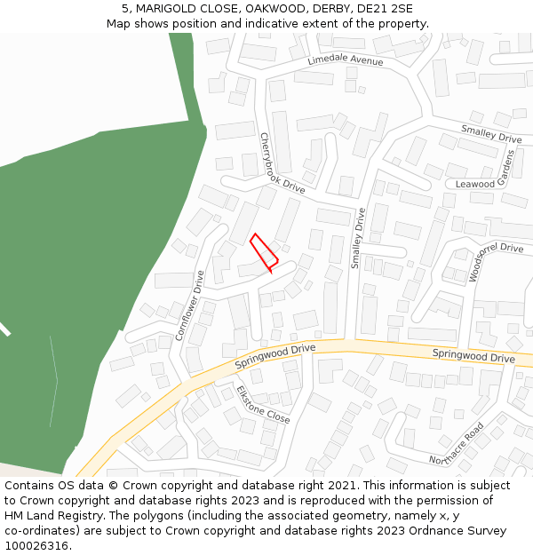 5, MARIGOLD CLOSE, OAKWOOD, DERBY, DE21 2SE: Location map and indicative extent of plot