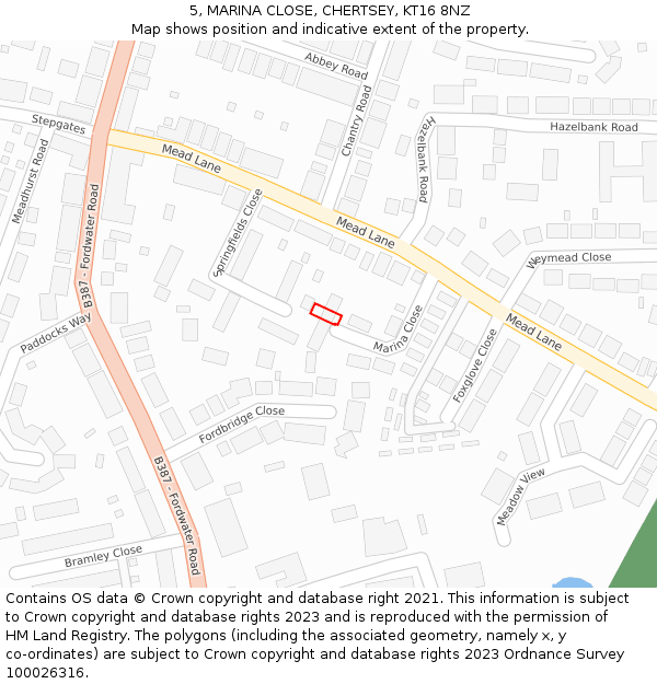 5, MARINA CLOSE, CHERTSEY, KT16 8NZ: Location map and indicative extent of plot