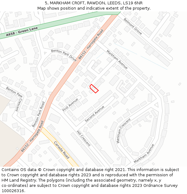 5, MARKHAM CROFT, RAWDON, LEEDS, LS19 6NR: Location map and indicative extent of plot