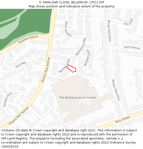 5, MARLOWE CLOSE, BILLERICAY, CM12 0YF: Location map and indicative extent of plot