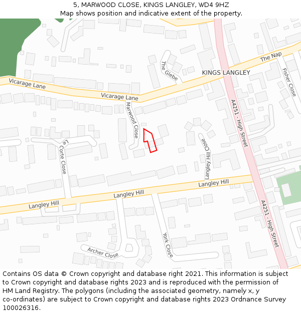5, MARWOOD CLOSE, KINGS LANGLEY, WD4 9HZ: Location map and indicative extent of plot