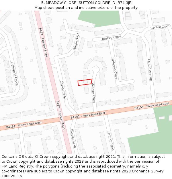 5, MEADOW CLOSE, SUTTON COLDFIELD, B74 3JE: Location map and indicative extent of plot
