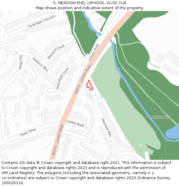 5, MEADOW END, LIPHOOK, GU30 7UA: Location map and indicative extent of plot