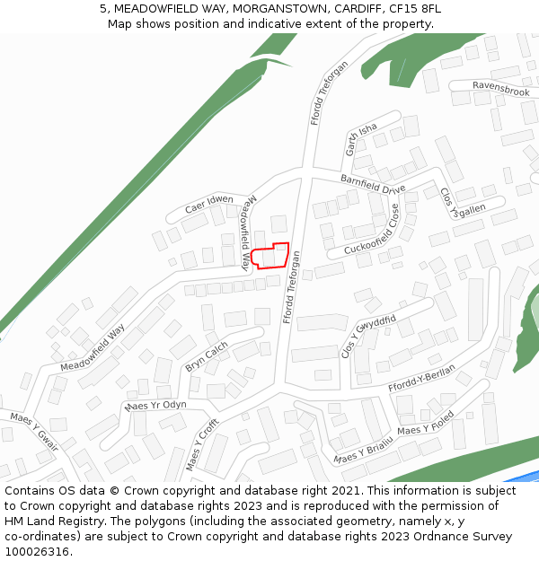 5, MEADOWFIELD WAY, MORGANSTOWN, CARDIFF, CF15 8FL: Location map and indicative extent of plot