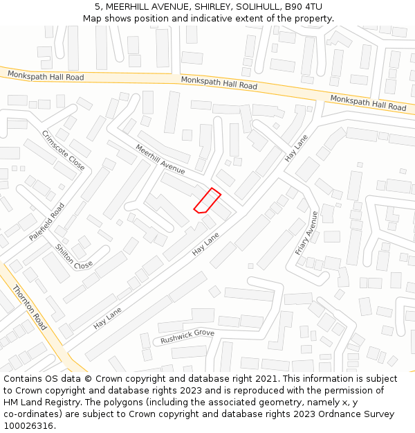 5, MEERHILL AVENUE, SHIRLEY, SOLIHULL, B90 4TU: Location map and indicative extent of plot