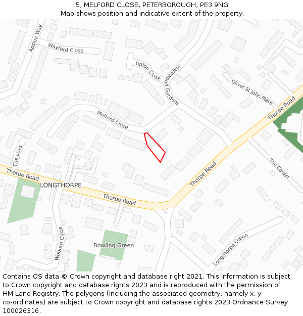 5, MELFORD CLOSE, PETERBOROUGH, PE3 9NG: Location map and indicative extent of plot