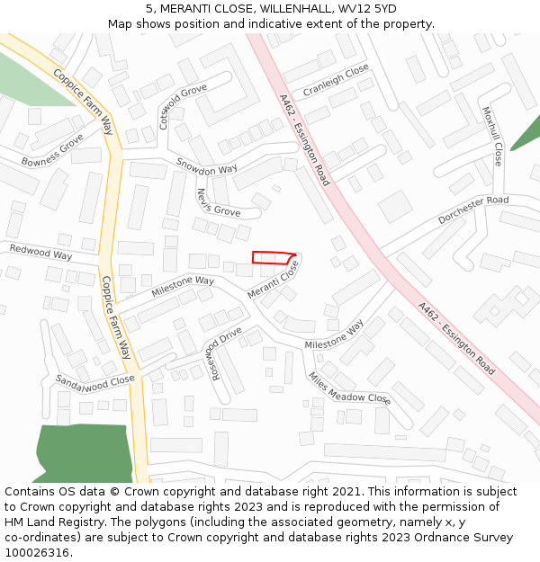 5, MERANTI CLOSE, WILLENHALL, WV12 5YD: Location map and indicative extent of plot