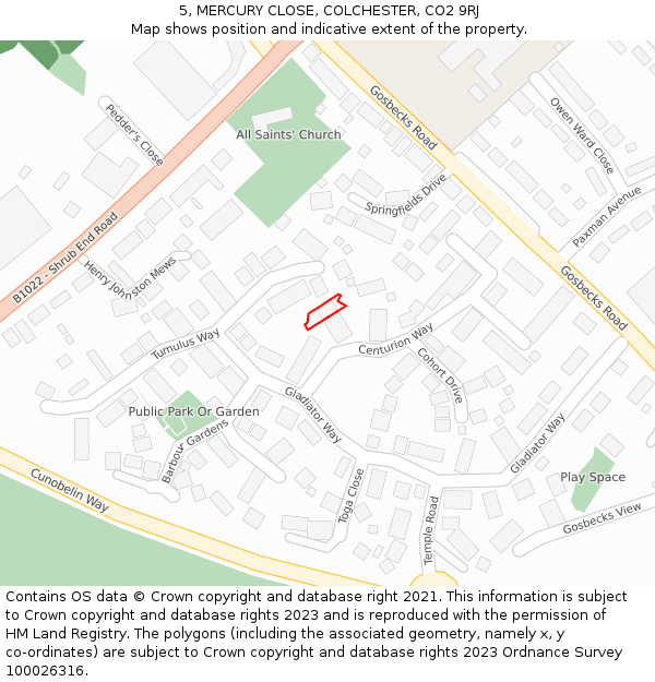 5, MERCURY CLOSE, COLCHESTER, CO2 9RJ: Location map and indicative extent of plot