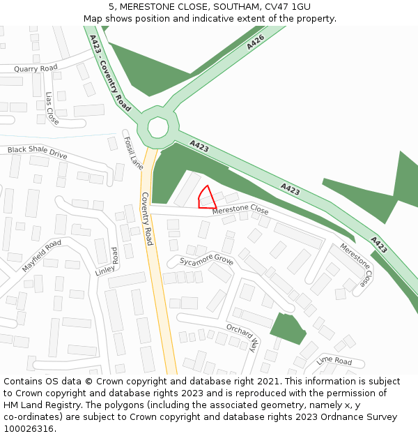 5, MERESTONE CLOSE, SOUTHAM, CV47 1GU: Location map and indicative extent of plot