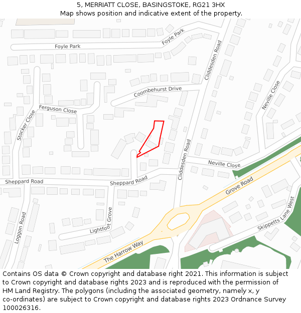 5, MERRIATT CLOSE, BASINGSTOKE, RG21 3HX: Location map and indicative extent of plot