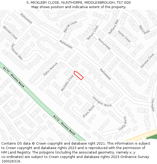 5, MICKLEBY CLOSE, NUNTHORPE, MIDDLESBROUGH, TS7 0QX: Location map and indicative extent of plot