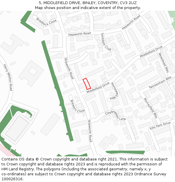 5, MIDDLEFIELD DRIVE, BINLEY, COVENTRY, CV3 2UZ: Location map and indicative extent of plot