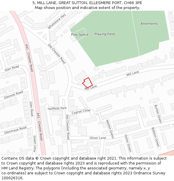 5, MILL LANE, GREAT SUTTON, ELLESMERE PORT, CH66 3PE: Location map and indicative extent of plot