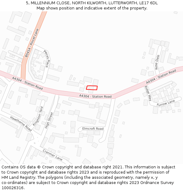5, MILLENNIUM CLOSE, NORTH KILWORTH, LUTTERWORTH, LE17 6DL: Location map and indicative extent of plot