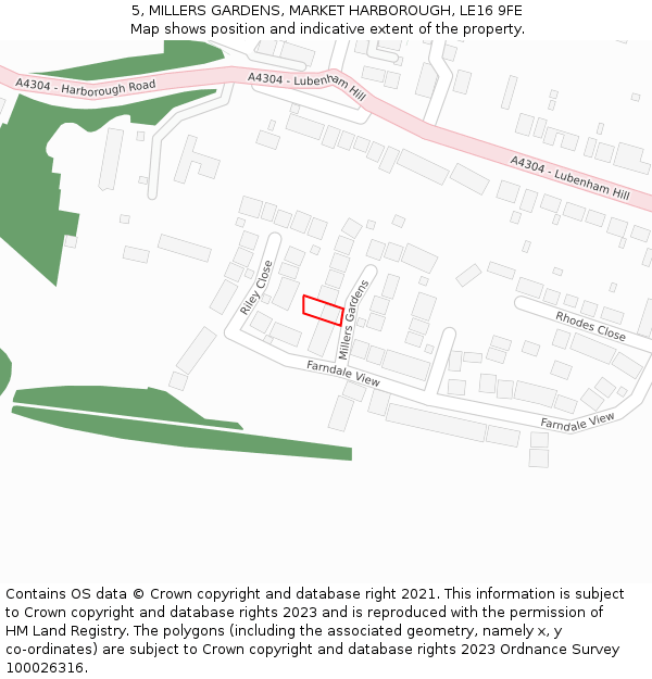 5, MILLERS GARDENS, MARKET HARBOROUGH, LE16 9FE: Location map and indicative extent of plot