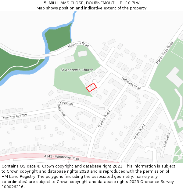 5, MILLHAMS CLOSE, BOURNEMOUTH, BH10 7LW: Location map and indicative extent of plot