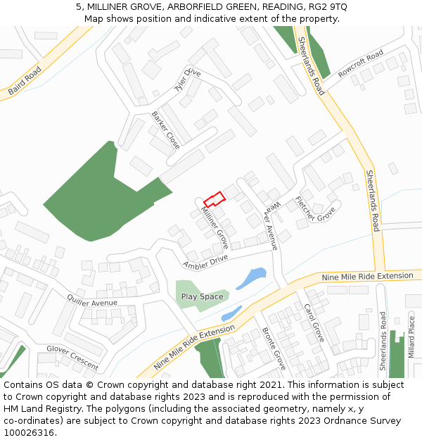 5, MILLINER GROVE, ARBORFIELD GREEN, READING, RG2 9TQ: Location map and indicative extent of plot