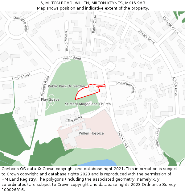 5, MILTON ROAD, WILLEN, MILTON KEYNES, MK15 9AB: Location map and indicative extent of plot