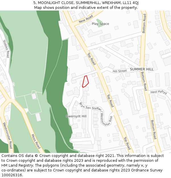 5, MOONLIGHT CLOSE, SUMMERHILL, WREXHAM, LL11 4QJ: Location map and indicative extent of plot