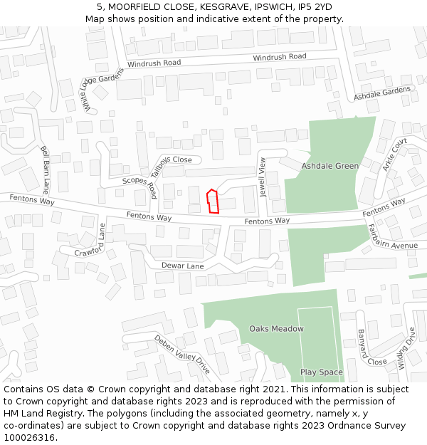 5, MOORFIELD CLOSE, KESGRAVE, IPSWICH, IP5 2YD: Location map and indicative extent of plot